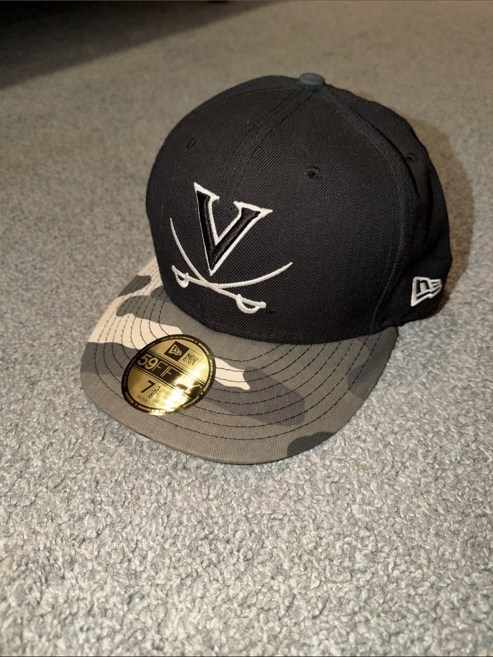 New Era Black Cap with Gray Camo Brim – Virginia V Logo